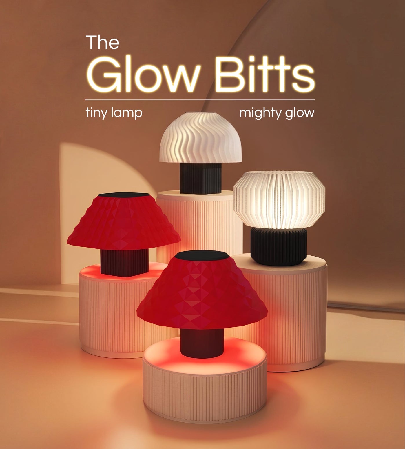 compact 3d printed table lamps, ideal for desk setups, home decor, office spaces. ambient table lamp with subtle warm white glow. textured plastic. durable and compact.