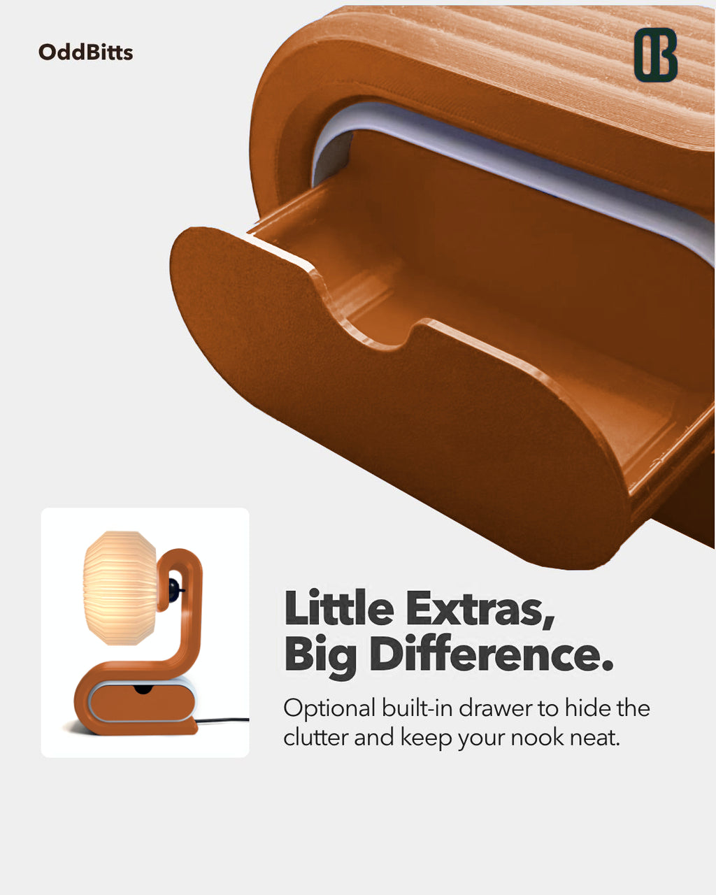 Bookworm lamp with add on attachable storage with drawer Terracotta Orange