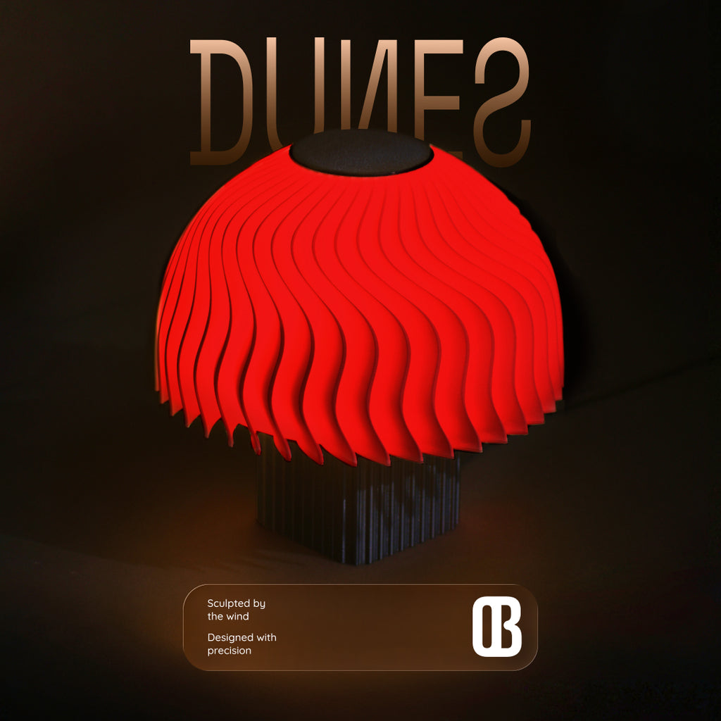 Dunes, Nuclear Red, table lamp, nature inspired lamp, lighting, table lamp. 3d printed table lamp. textured lamp, compact table lamp, small table lamp, ambient light. glow lamp, ribbed texture lamp, sand dunes lamp, sand dunes inspired lamp, round lamp, bedside lamp, table lamp, night lamp, white lamp, warm white lamp, designer lamp.