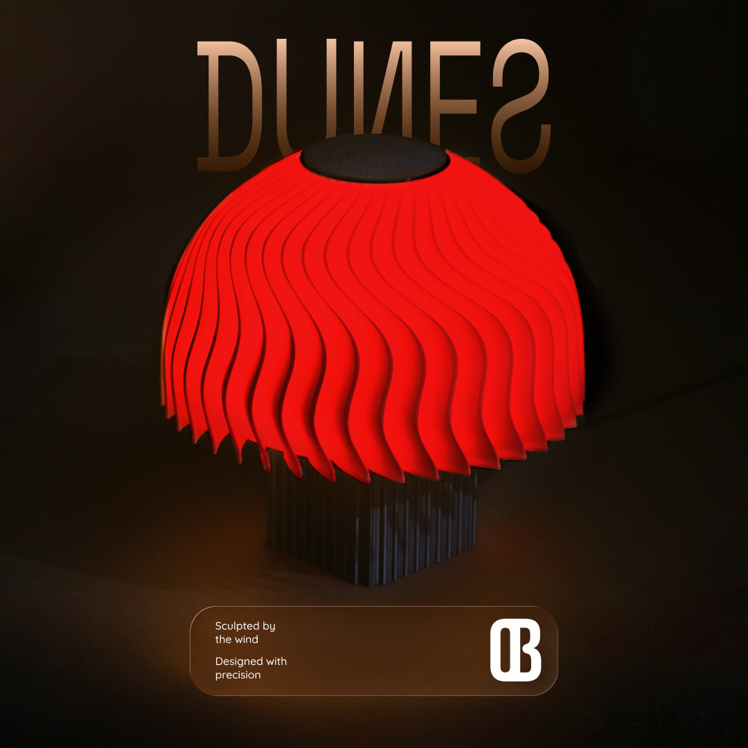 Dunes, Nuclear Red, table lamp, nature inspired lamp, lighting, table lamp. 3d printed table lamp. textured lamp, compact table lamp, small table lamp, ambient light. glow lamp, ribbed texture lamp, sand dunes lamp, sand dunes inspired lamp, round lamp, bedside lamp, table lamp, night lamp, white lamp, warm white lamp, designer lamp.
