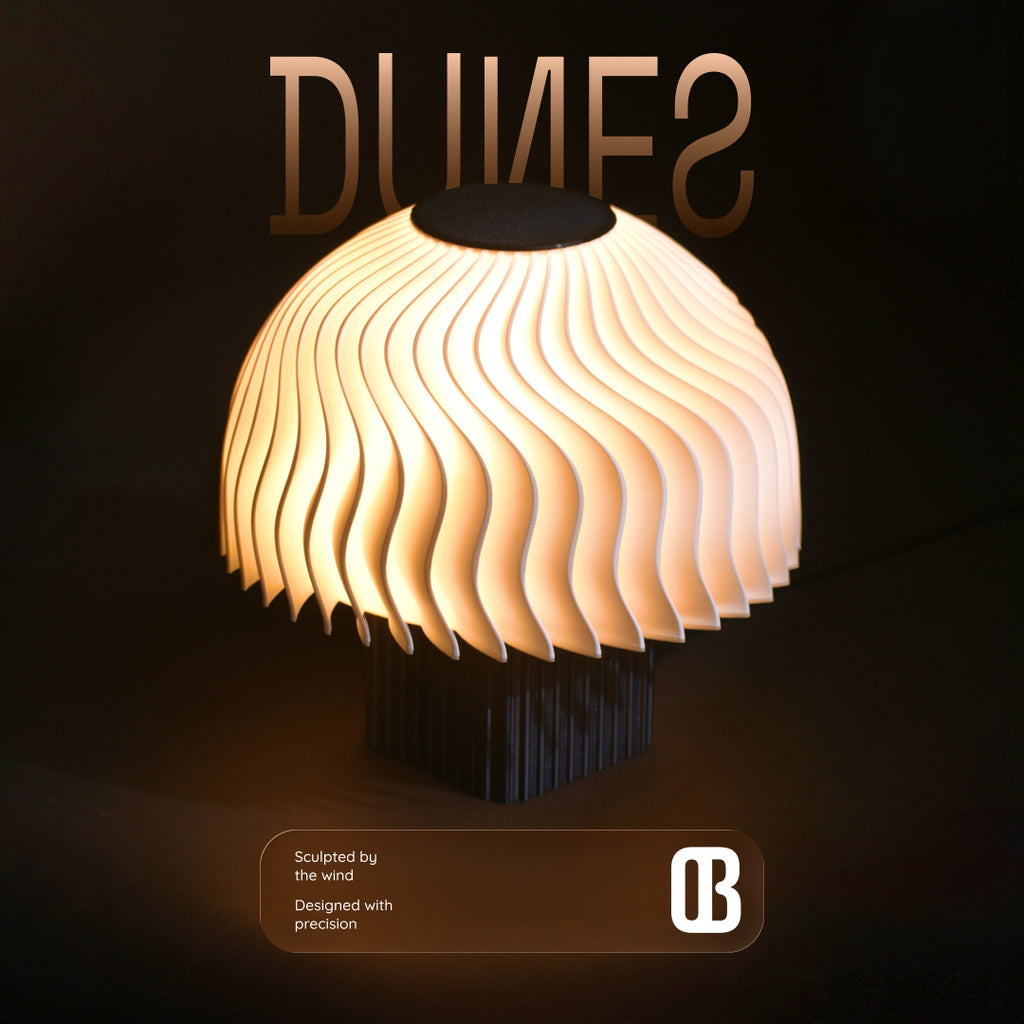 Dunes, frosted white, table lamp, nature inspired lamp, lighting, table lamp. 3d printed table lamp. textured lamp, compact table lamp, small table lamp, ambient light. glow lamp, ribbed texture lamp, sand dunes lamp, sand dunes inspired lamp, round lamp, bedside lamp, table lamp, night lamp, white lamp, warm white lamp, designer lamp.