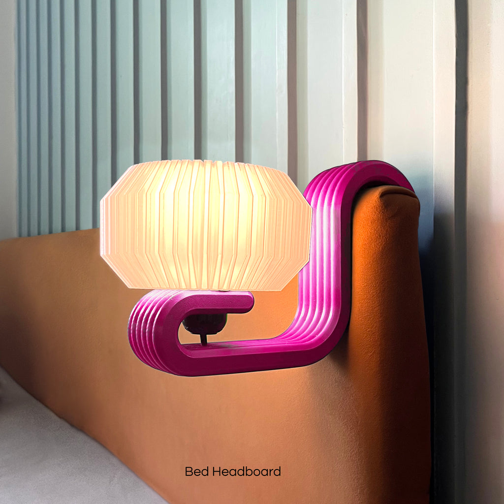 Bookworm lamp hanging on bedside headboard, horizontal orientation with drawer / without drawer Magenta