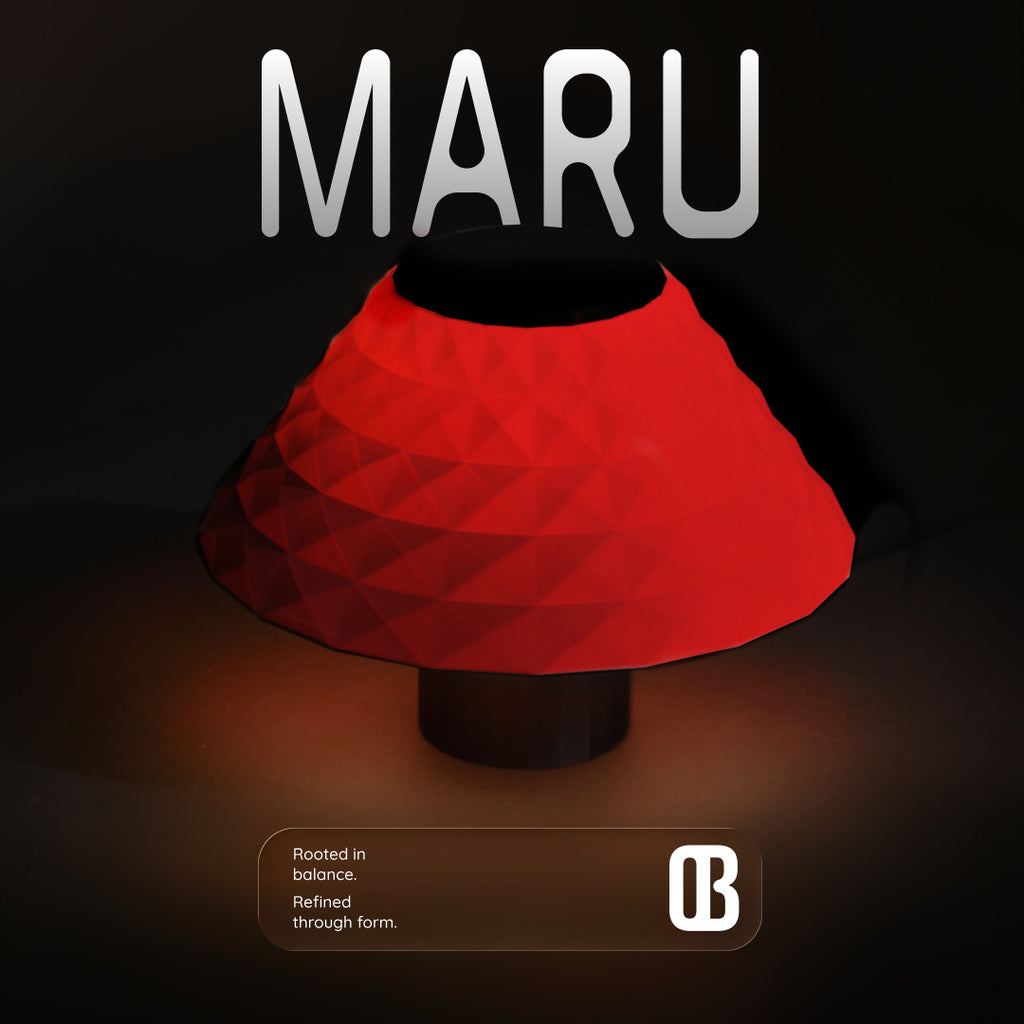 Maru, Nuclear Red, table lamp, nature inspired lamp, lighting, table lamp. A 3D printed table lamp. textured lamp, compact table lamp, small table lamp, ambient light. glow lamp, ribbed texture lamp, faceted lamp, sand dunes inspired lamp, round lamp, bedside lamp, table lamp, night lamp, white lamp, warm white lamp, designer lamp.