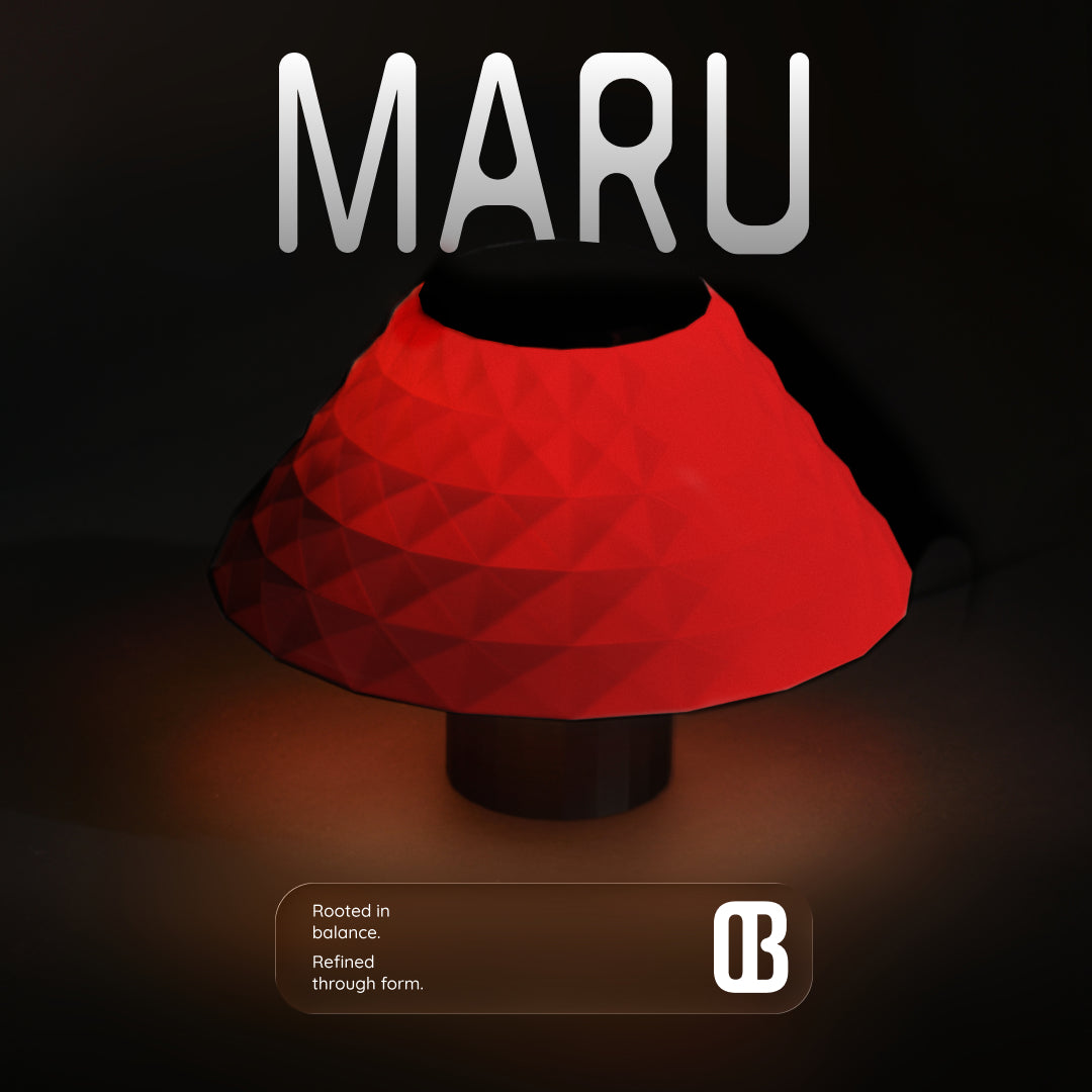 Maru, Nuclear Red, table lamp, nature inspired lamp, lighting, table lamp. A 3D printed table lamp. textured lamp, compact table lamp, small table lamp, ambient light. glow lamp, ribbed texture lamp, faceted lamp, sand dunes inspired lamp, round lamp, bedside lamp, table lamp, night lamp, white lamp, warm white lamp, designer lamp.