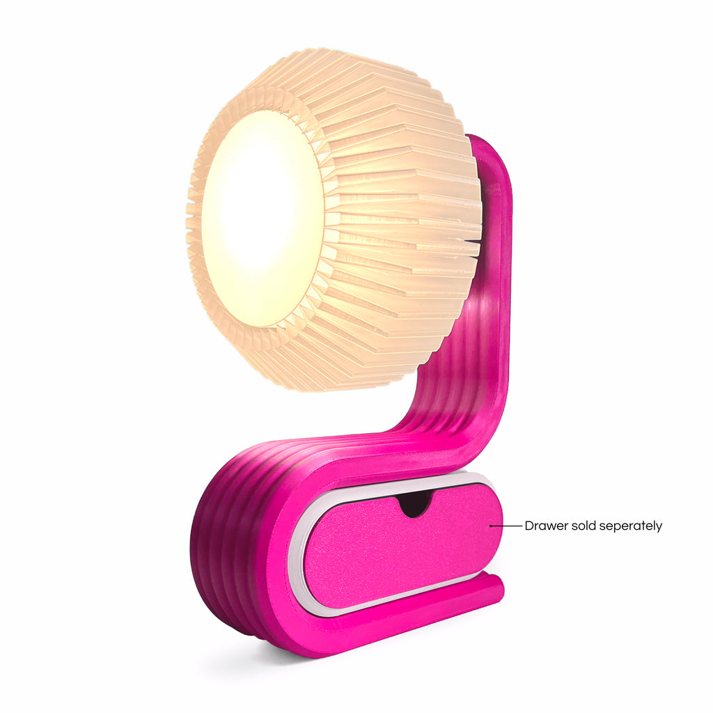 Bookworm lamp in vertical orientation front quater view with drawer / without drawer Magenta