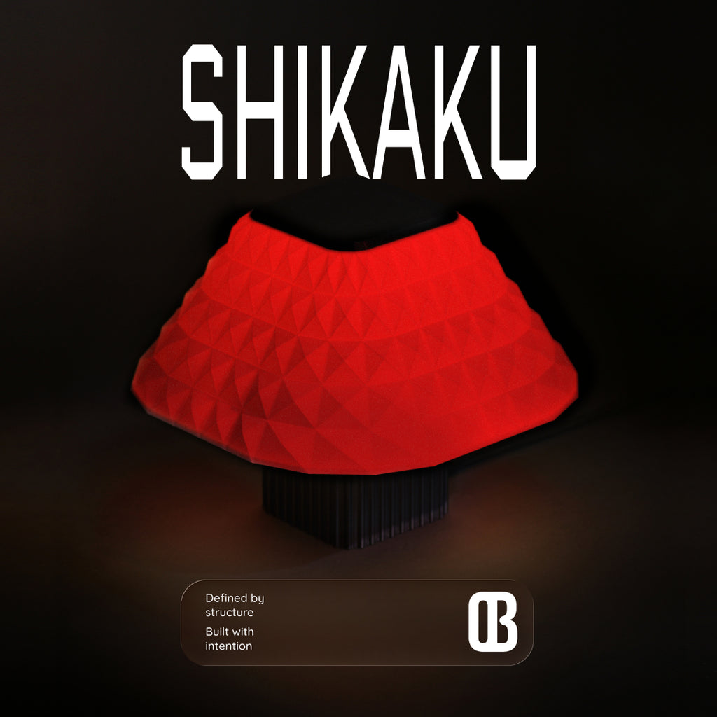 Shikaku Nuclear red, table lamp, Geometry inspired lamp, lighting, table lamp. 3d printed table lamp. textured lamp, compact table lamp, small table lamp, ambient light. glow lamp, ribbed texture lamp, architecture, lamp, Geometrically inspired lamp, round lamp, bedside lamp, table lamp, night lamp, white lamp, warm white lamp, designer lamp.